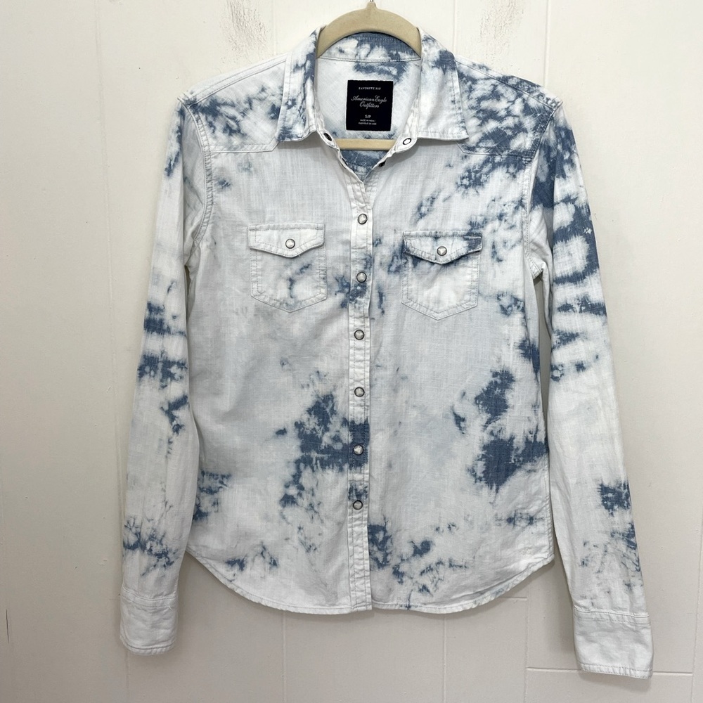 American Eagle Bleached Denim Button Up Shirt Pearl Snap Button 90s ~ Size S